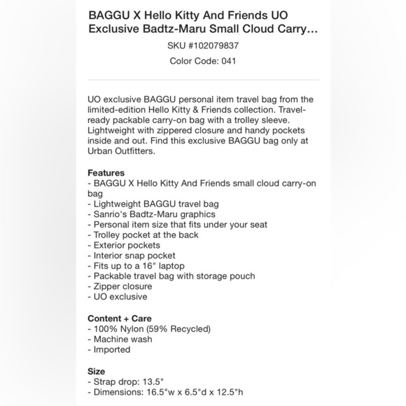 NWT BAGGU x Hello Kitty And Friends Badtz-Maru Small Cloud Carry On Bag - Picture 2 of 8